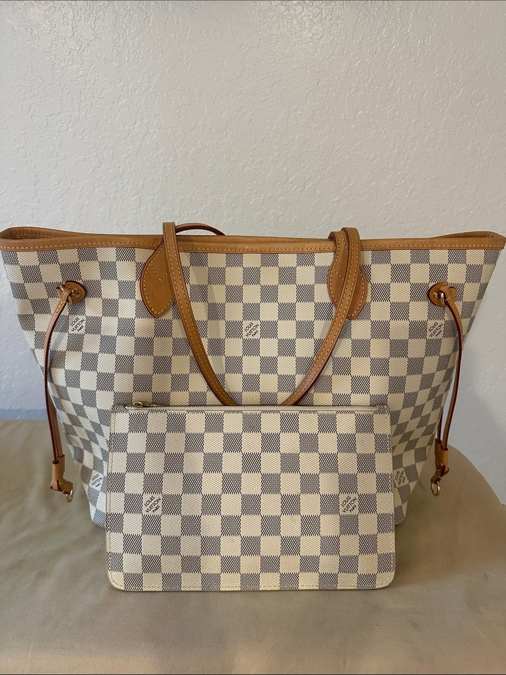 Fashion bag! Cream Check Canvas Tote with Tan Leather Trim and Detachable Pouch
